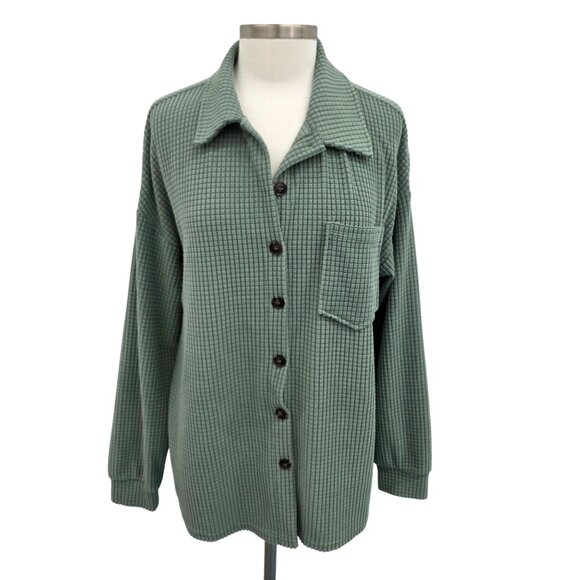 Green Waffle Knit Button-Up Shirt w/Chest Pocket & Long Sleeves Relaxed Fit - Picture 1 of 12